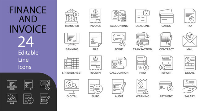 Finance and Invoice line icon set. Contains symbols for banking, accounting, tax, and payment management. Editable vector design for business presentations and financial workflow.
