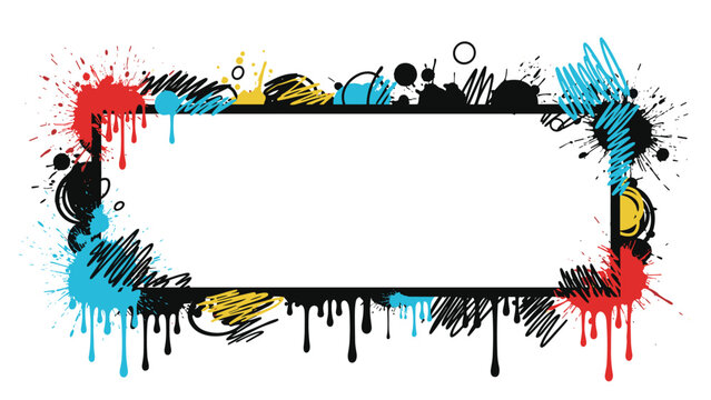 Rectangular frame with messy black paint splatters ink drips and colorful scribbles for a creative grunge design.