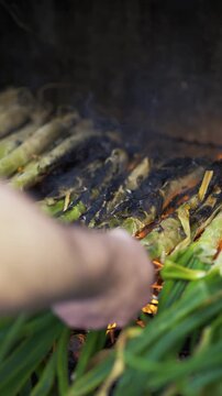 Close-up of a chef's hand moving to cook traditional Catalan cal&ccedil;ots or Catalan onions grilled over charcoal with a flame on a rustic barbecue.