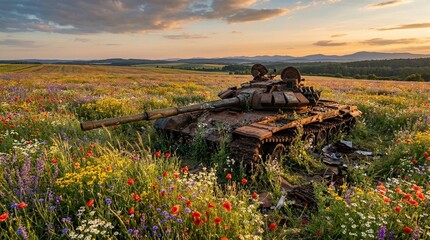 戦車の残骸と花畑