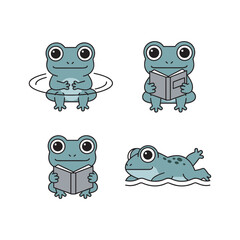 Cartoon frogs in various activities with books on white background