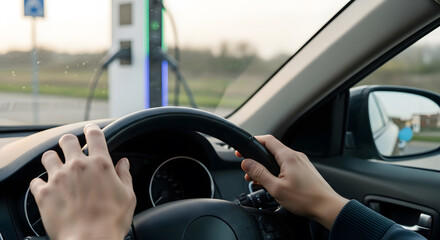 Driver hands on steering wheel at electric car charging station