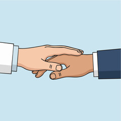 Handshake between two individuals in formal attire with a light blue background for corporate partnership illustration