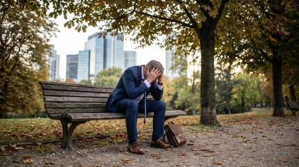 Fototapeta premium Stressed businessman sitting on a park bench covering his face with hands in an urban autumn park for financial crisis and mental health concept.