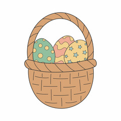 Hand Drawn Wicker Basket with Three Decorated Easter Eggs and Woven Handle