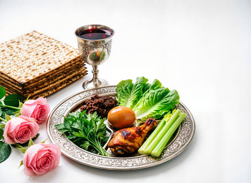 Passover celebration: seder plate with traditional food, walnuts, matzah, red wine and pink roses on white background