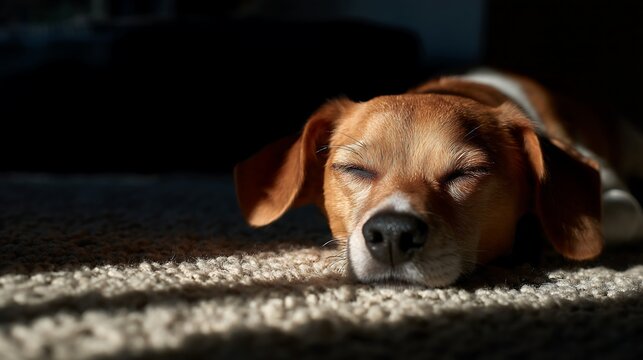Canine companion enjoys a serene slumber bathed in a golden shaft of morning light upon soft fibers