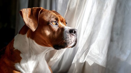 Contemplative canine soaking up serene morning rays by the sunlit windowpane