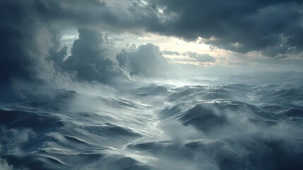 Obraz premium Dramatic Aerial View of Foggy Cityscape with Sunlight Breaking Through Dark Stormy Clouds and Rolling Hills in the Background