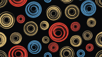 Fototapeta premium Seamless pattern of textured hand-drawn spirals in red, yellow, and blue colors scattered on a solid black background.