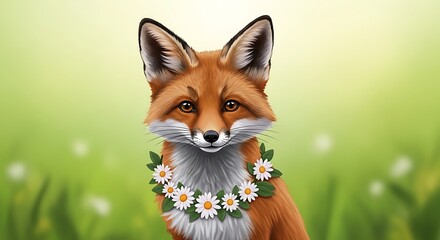 Fototapeta premium Red Fox Wearing Flower Necklace Outdoors.