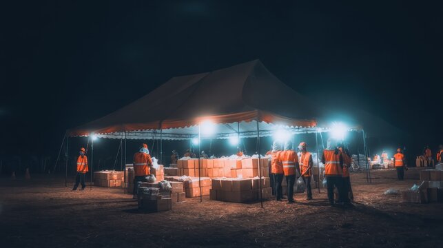 Nighttime aid distribution under tent