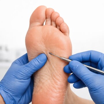 Professional Podiatry Examination with Medical Probe Assessing Plantar Arch in Sterile Clinical Environment