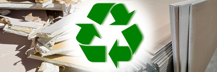 Obraz premium RECOVERY AND RECYCLING OF WASTE PLASTERBOARD FOR THE PRODUCTION OF NEW GYPSUM PRODUCTS - CONCEPT SHOWING THE DEMOLITION OF A GYPSUM PLASTERBOARD WALL AND THE MANUFACTURE OF NEW PLASTERBOARD PANELS
