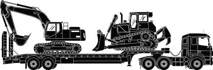 Heavy transport truck silhouette, construction machinery vector, excavator and bulldozer trailer, industrial logistics design, CAD drawing flat vector illustration, infrastructure equipment art © Jui Creatives