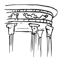Hand drawn classical rotunda roof sketch, ancient Roman portico with Corinthian capitals, ornate entablature and frieze detail, architecture line art, black ink isolated on white © Evgeniya Platonova