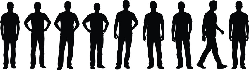 Human silhouettes walking, standing poses, body movement, gesture recognition, biomechanics study, animation reference, posture illustration, cad drawing flat vector illustration
