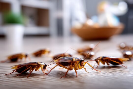 Brown Cockroaches Crawl on Clean Floor and Baseboard Indoors Showing Signs of Insect Infestation and Need for Pest Control