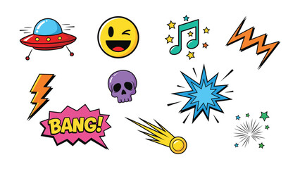 Whimsical Icons: A collection of vibrant icons, including a spaceship, smiling face, musical note, lightning bolt, skull, exclamation, and shooting star, bursting with playful energy and comic charm. © FARHANA