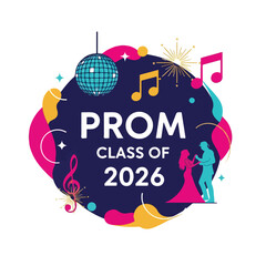 A vibrant prom design with music notes, dancing couple, and disco ball © Fika
