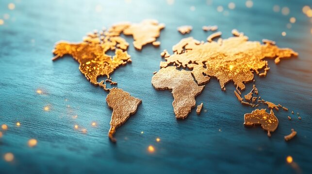 Glowing golden world map continents resting on blue textured stone surface, luxury global background, international business and geopolitics concept with dramatic