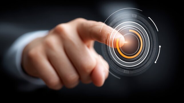 Businessman pressing glowing digital touch interface with circular data patterns, futuristic technology interaction concept, innovation control panel and digital transformation visualization