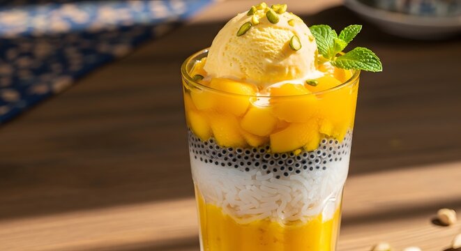 Mango falooda glass with basil seeds vermicelli noodles yellow fruit and vanilla ice cream