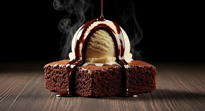 Warm chocolate brownie topped with vanilla ice cream scoop and drizzled hot fudge sauce art