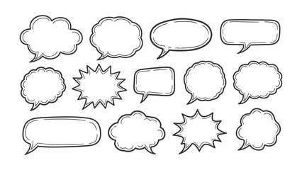 Fototapeta premium Variety of thoughts illustration: A collection of various comic style speech bubbles in diverse shapes and sizes, perfect for expressing thoughts, ideas, and messages.
