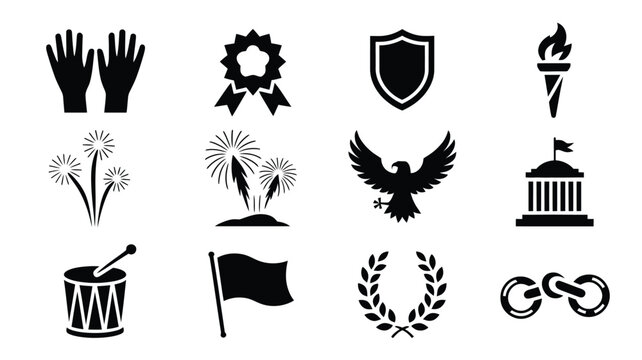 Independence day unity silhouette logo icons set including hands fireworks eagle and shield on white background