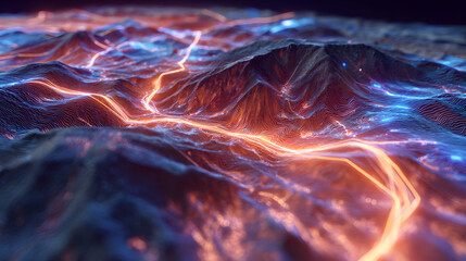 Naklejka premium A futuristic virtual environment features an abstract digital landscape with glowing blue and orange pathways over textured terrain, network connectivity, data flow, and information systems.