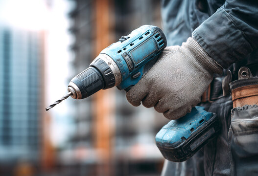 Persona con guantes protectores y camisa de cuadros rojos usando un taladro el&eacute;ctrico para perforar una l&aacute;mina met&aacute;lica, sujet&aacute;ndola con una mano mientras la broca trabaja sobre el material.