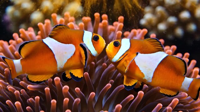 Two clownfish face each other in anemone in underwater marine life scene. Vibrant colorful coral reef with anemone and orange clown fish.