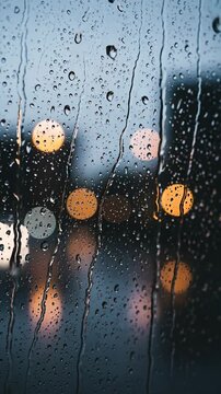 Rainy Night Scene with City Lights Reflected on Wet Window