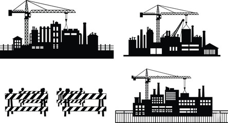 Industrial Factory and Manufacturing Plant Silhouette Collection Featuring Construction Cranes Safety Barriers and Urban Building Sites for Heavy Industry and Engineering Graphic Design Projects