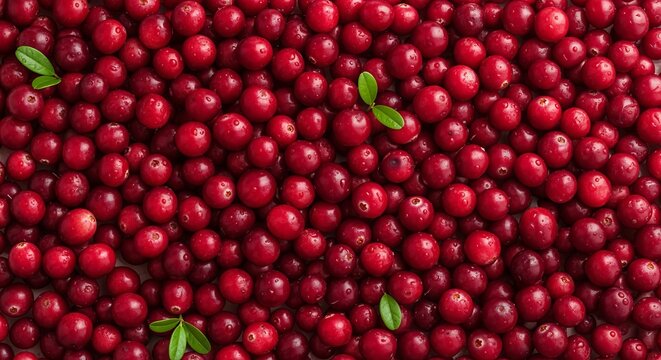 Glossy Cranberries Densely Packed Together in a Vibrant Repeating Pattern with Green Leaves Accent