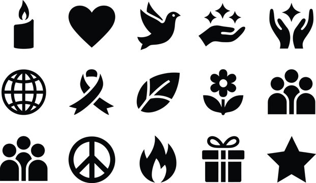Black Icon Set: Peace, Love, and Charity Symbols on White Background
