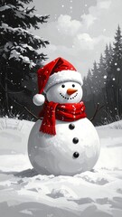Obraz premium A snowman in a snowy forest with a red hat