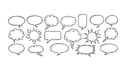 Speech Bubbles: Diverse collection of empty speech bubbles, each ready to convey unique messages. Ideal for illustrating thoughts, dialogues, and creative storytelling.