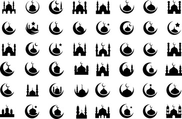Mosque Crescent Moon Islamic Icon Set Silhouette Collection