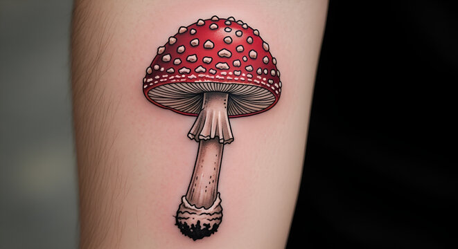 Colorful mushroom tattoo vibrant red fly agaric design