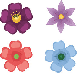 Fototapeta premium Vector Illustration of Colorful Flowers in Purple, Red, and Blue with Different Petal Shapes
