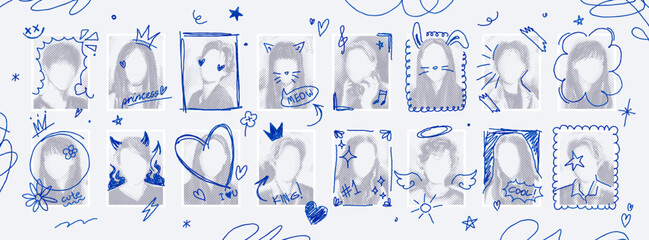 Obraz premium Photocard collage template with hand drawn doodles on photos, graduation yearbook layout. Graduating class school album pictures with pen scribbles, college graduation ceremony photo vector mockup