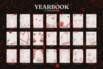 Plakat Graduation yearbook template with hand drawn doodles on photos. School album layout design, graduating class portrait pictures with funny pen scribbles, college graduation ceremony photo vector mockup