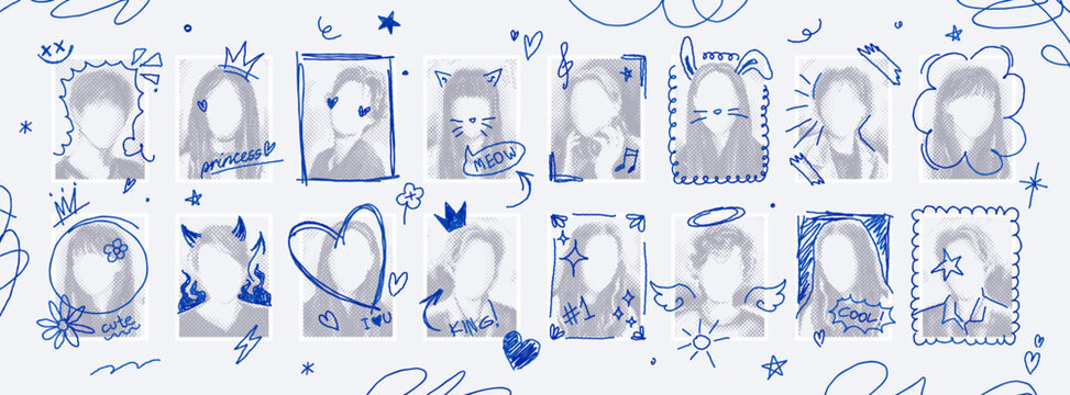 Photocard collage template with hand drawn doodles on photos, graduation yearbook layout. Graduating class school album pictures with pen scribbles, college graduation ceremony photo vector mockup