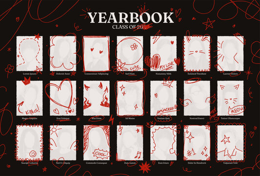 Graduation yearbook template with hand drawn doodles on photos. School album layout design, graduating class portrait pictures with funny pen scribbles, college graduation ceremony photo vector mockup
