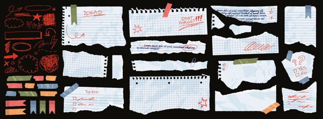Obraz premium Realistic torn paper scraps with hand drawn doodles, crumpled memo notes with adhesive tape. Pen scribbles on ripped notebook sheets, paper shreds with damaged edges, collage vector elements set