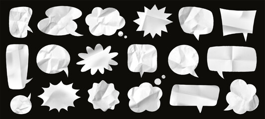 Fototapeta premium Crumpled paper speech bubbles with torn edges, blank chat balloons in various shapes. Realistic dialog balloon with wrinkled paper texture, cut out cloud bubble, conversation message mockup vector set