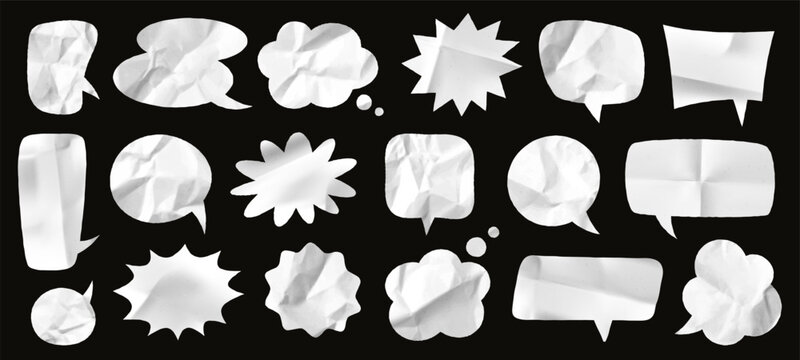 Crumpled paper speech bubbles with torn edges, blank chat balloons in various shapes. Realistic dialog balloon with wrinkled paper texture, cut out cloud bubble, conversation message mockup vector set
