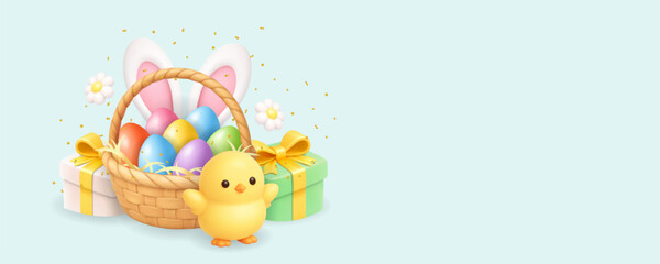 Fototapeta premium Easter composition with chick, basket of eggs and gift boxes. 3D realistic holiday illustration